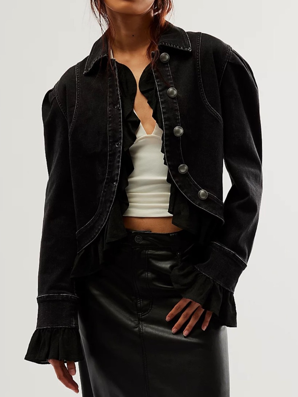 Free People Suki Black Denim Ruffle Jacket, SM NWT